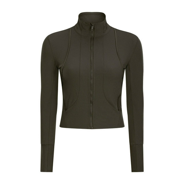 Colorvalue Naked-feel Fabric Fitness Sport Crop Jacket Women Full Zipper Slim Fit Workout Gym Coat with Zipper Pocket/Thumb Hole