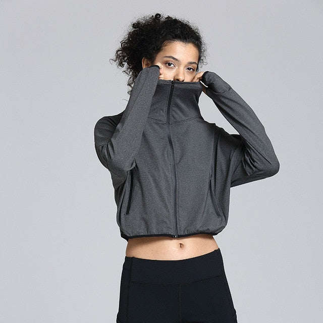 Colorvalue Full Waterproof Zipper Yoga Fitness Windbreaker Women Plain Loose Fitsport Workout Crop Jackets with Thumb Holes S-XL