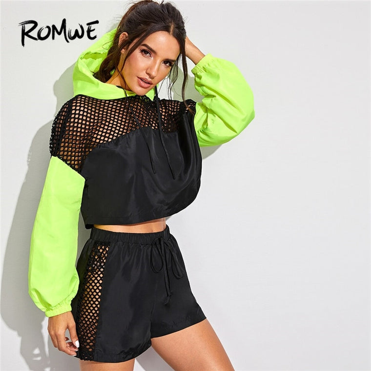 Romwe Sporty Neon Fishnet Insert Jacket WithTie Front Shorts 2Piece Set Women Fitness Jogging Maching Set Long Sleeve Sportswear