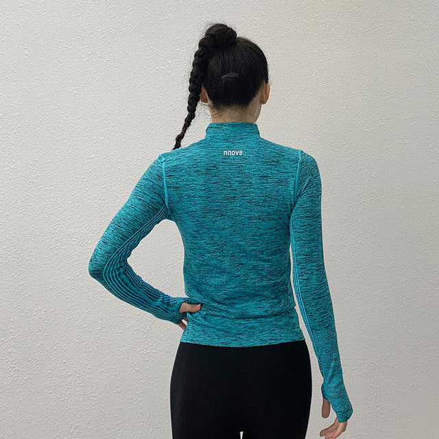 Wmuncc Seamless Sports Jacket Diagonal Zipper Design Long Sleeves with Thumb Hole Quick-drying Tops Yoga Running Fitness Shirt