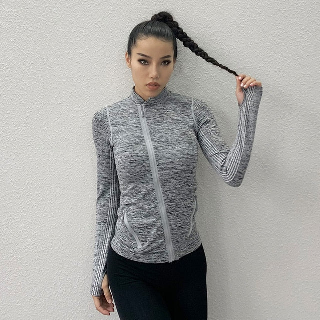 Wmuncc Seamless Sports Jacket Diagonal Zipper Design Long Sleeves with Thumb Hole Quick-drying Tops Yoga Running Fitness Shirt