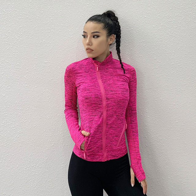 Wmuncc Seamless Sports Jacket Diagonal Zipper Design Long Sleeves with Thumb Hole Quick-drying Tops Yoga Running Fitness Shirt