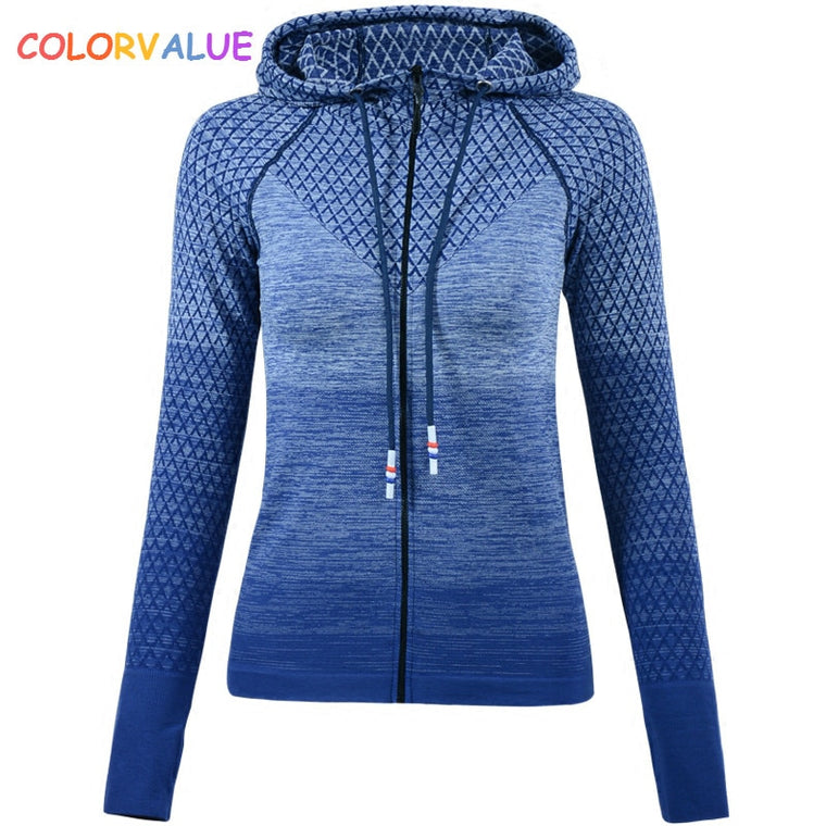 Colorvalue Gradient Color Gym Sport Coat Women Slim Fit Zipper Running Jacket Hooded Fitness Workout Jersey with Thumb Holes