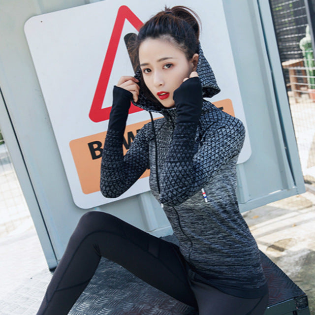 Colorvalue Gradient Color Gym Sport Coat Women Slim Fit Zipper Running Jacket Hooded Fitness Workout Jersey with Thumb Holes