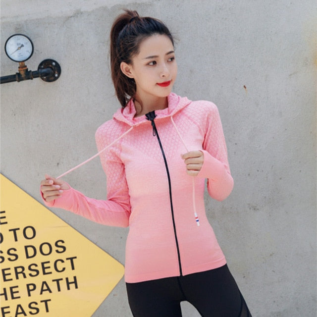Colorvalue Gradient Color Gym Sport Coat Women Slim Fit Zipper Running Jacket Hooded Fitness Workout Jersey with Thumb Holes