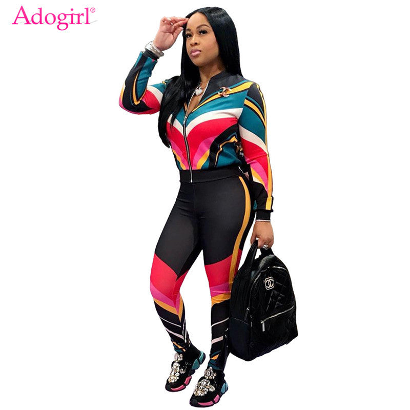 Adogirl Contrast Color Stripe Women Tracksuit Zipper Long Sleeve Jacket Coat + Pants Fitness Sporting Suit Plus Size 2 Piece Set