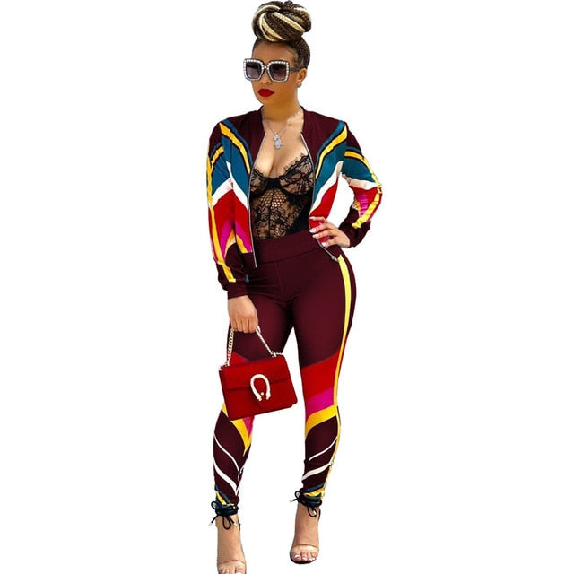 Adogirl Contrast Color Stripe Women Tracksuit Zipper Long Sleeve Jacket Coat + Pants Fitness Sporting Suit Plus Size 2 Piece Set