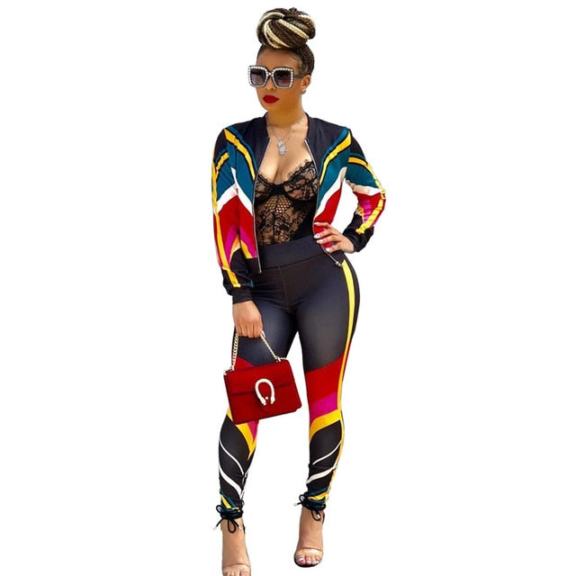 Adogirl Contrast Color Stripe Women Tracksuit Zipper Long Sleeve Jacket Coat + Pants Fitness Sporting Suit Plus Size 2 Piece Set