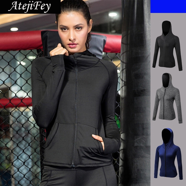 AtejiFey Women Yoga Tops Sport Hoodies Quick dry Long sleeve Sweatshirt Female Running sportswear Fitness Zipper Jacket Hat Coat